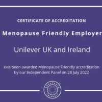 Certificate of Accreditation as a Menopause Friendly Employer for Unilever UKI